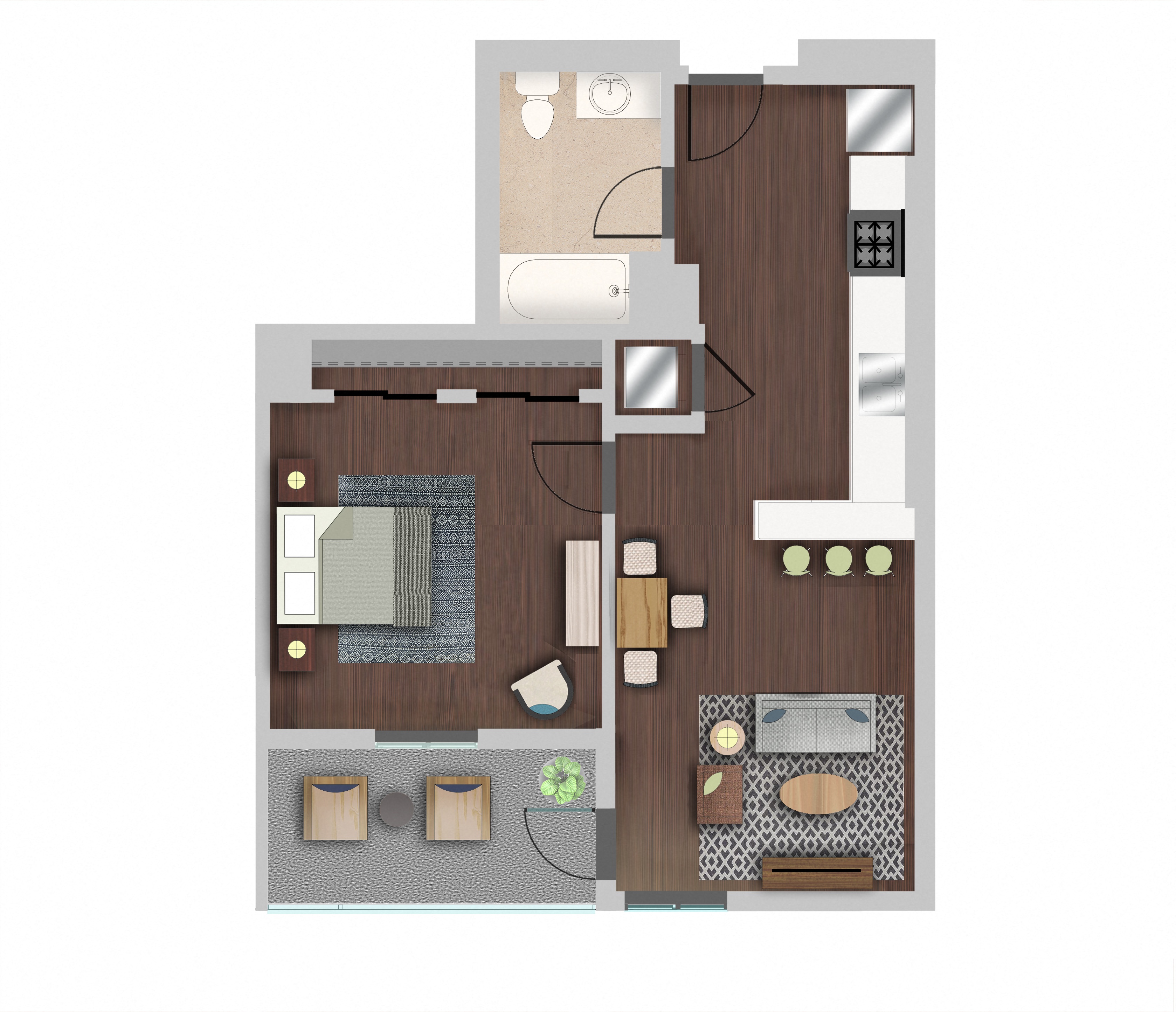 Floor plan for 1 bed, 1 bath, 671 sqft